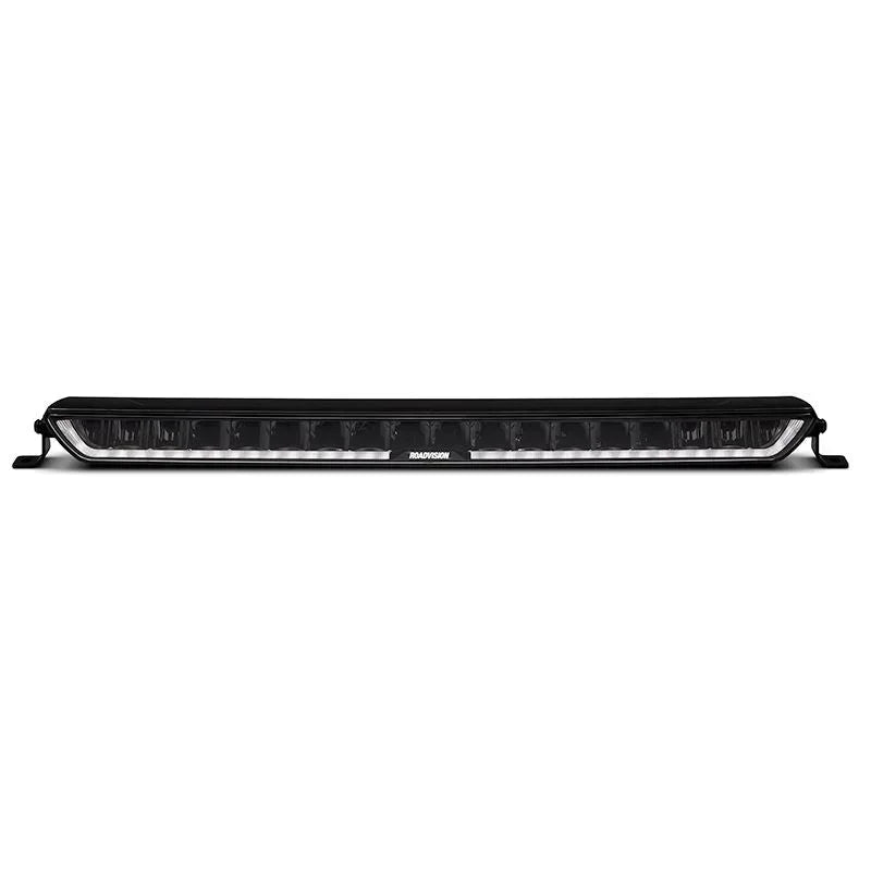 Slim black 12V LED light bar for vehicles, with mounting brackets, on white background
