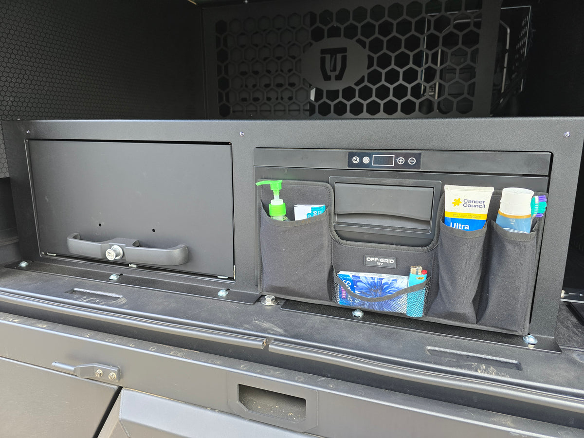 Drawer fridge organiser pouch for caravan and canopy storage