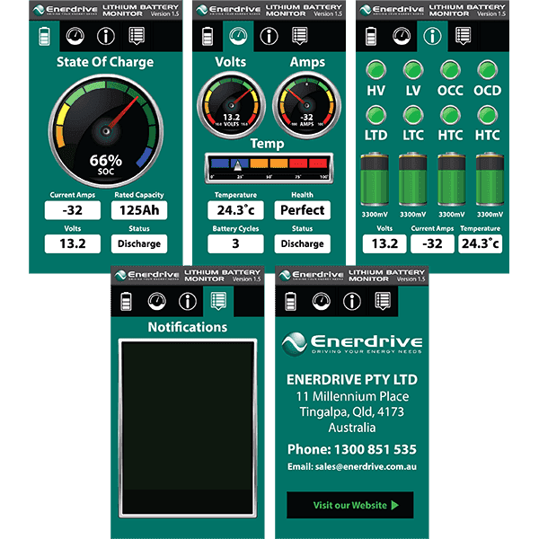 Enerdrive lithium battery monitor app interface displaying 12V battery status and notifications.