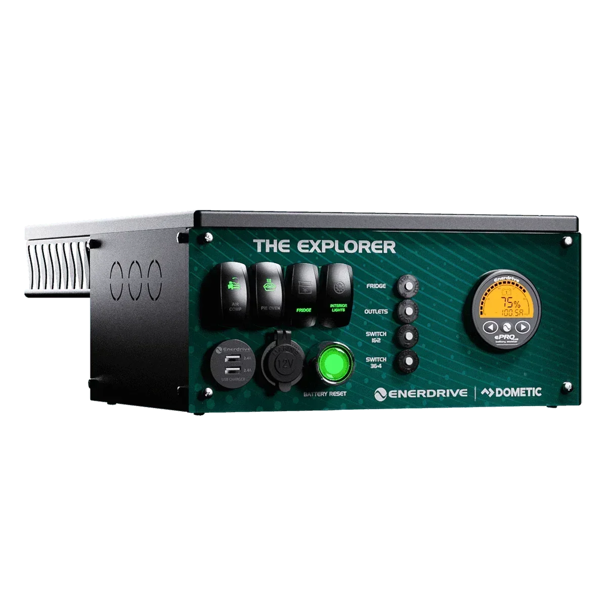 Off-Grid 12v Enerdrive Dometic Explorer power control panel with green faceplate and battery digital display