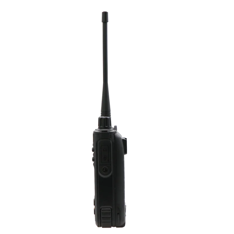 Black 12V two-way radio accessory with long antenna on plain background