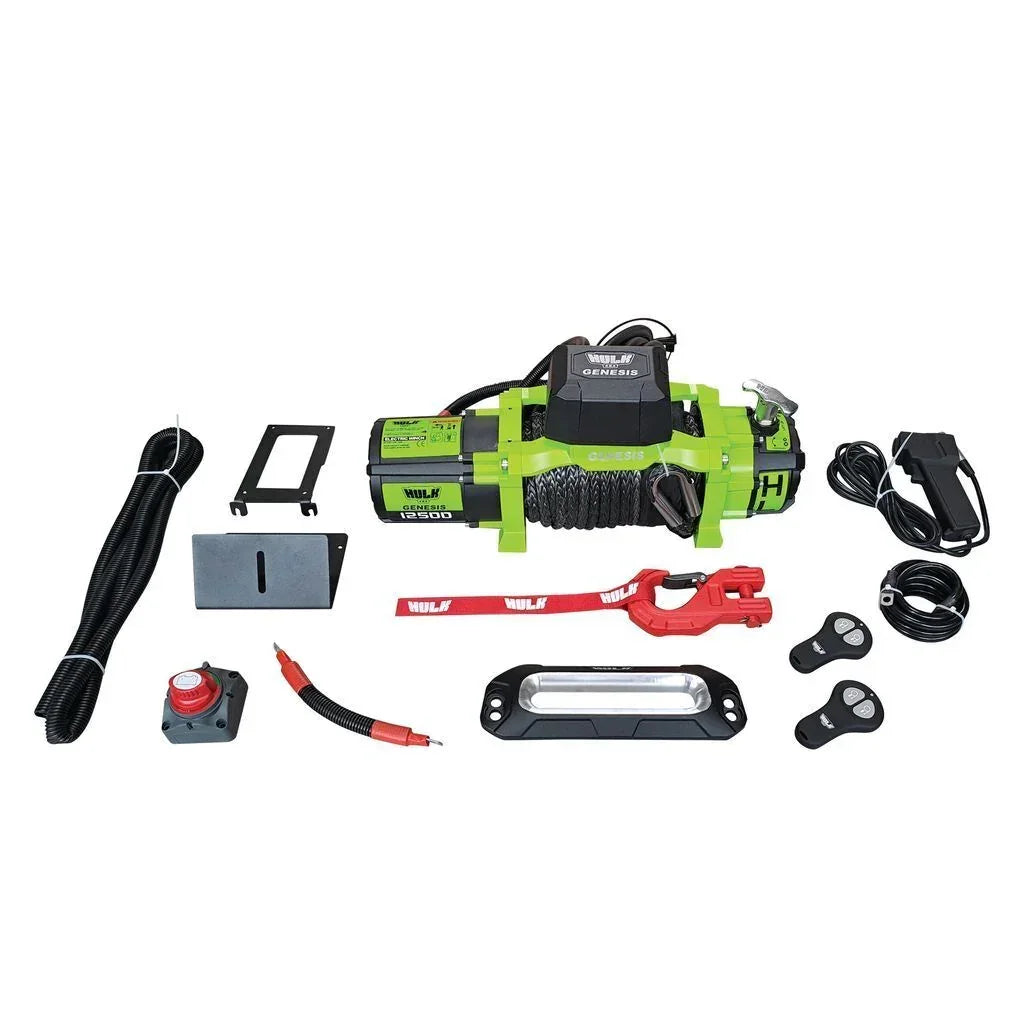 Off-Grid 12V electric winch kit with WULF branding, cables, remote controls, and accessories.