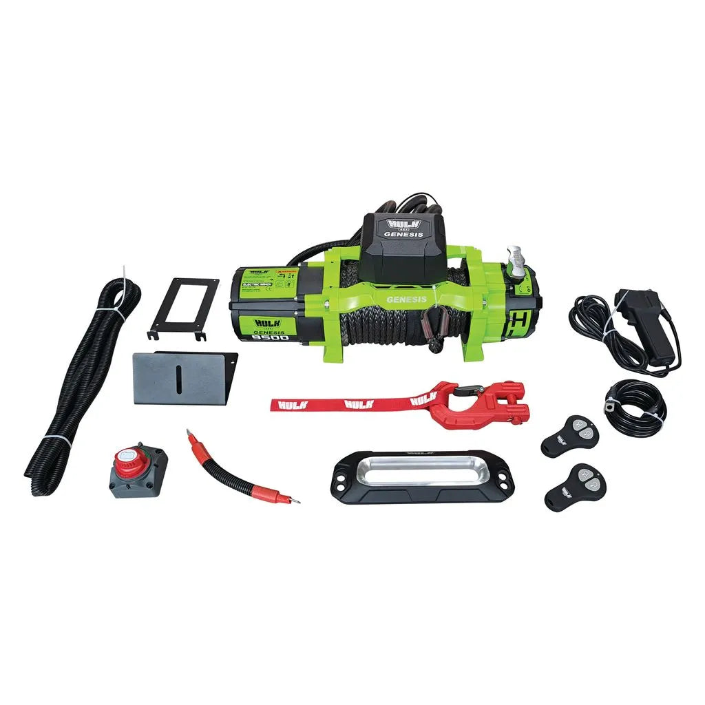 12V electric winch kit with green Hulk Genesis motor, cable, remote controls, and accessories