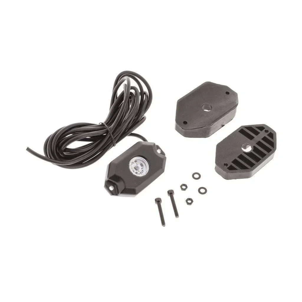 12V LED rock light kit for vehicles, includes black mounts, wiring, and hardware