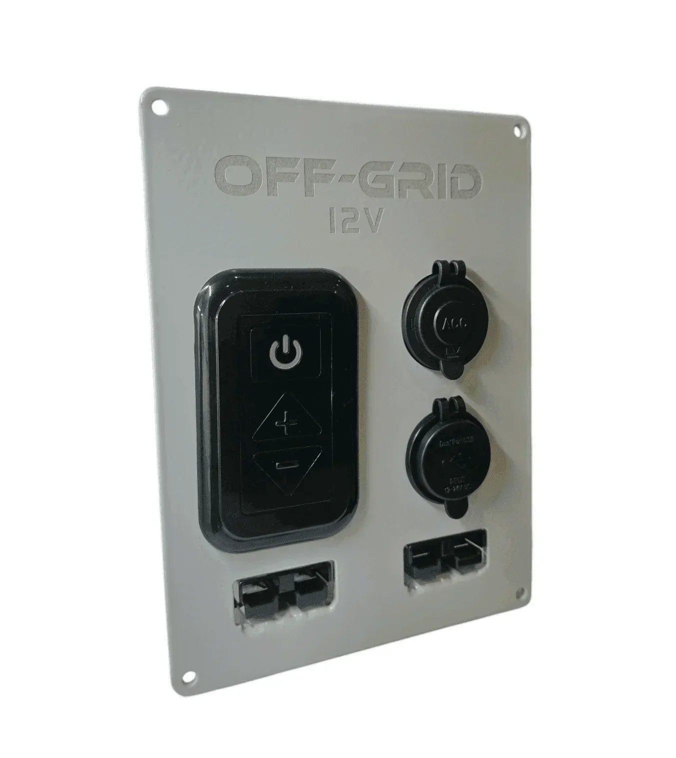 Off-Grid 12V accessory control panel with power switch and dual sockets for vehicles
