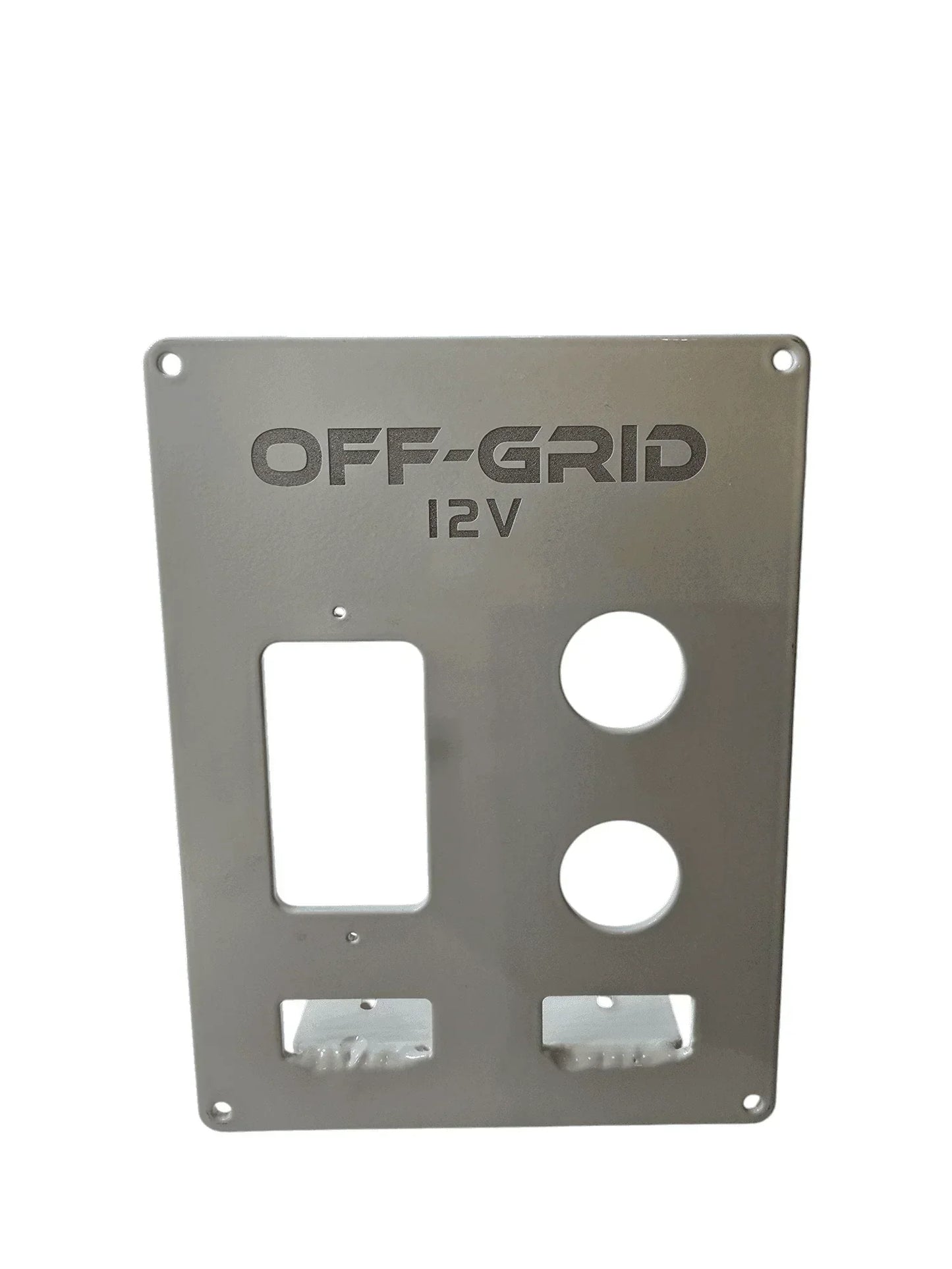 Off-Grid 12V metal mounting panel with cutouts for vehicle accessory installation