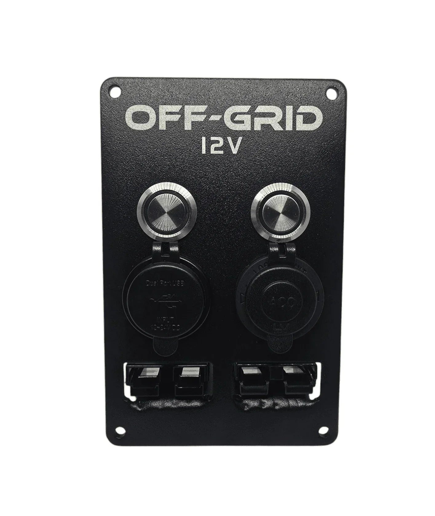 Off-Grid 12V dual socket black power panel for vehicle accessories and upgrades.