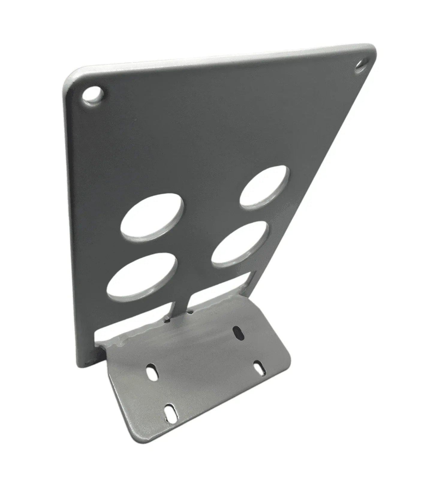 Heavy-duty metal 12V mounting bracket with four circular cutouts for off-grid accessories