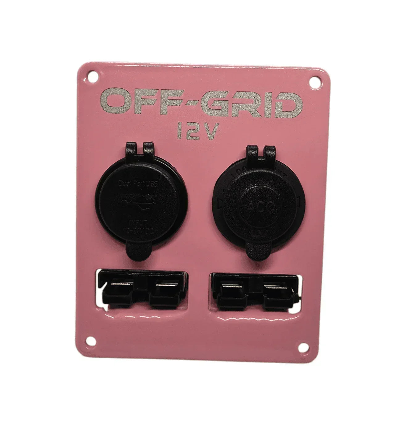Off-Grid 12V dual socket panel with black covers, ideal for vehicle accessories.