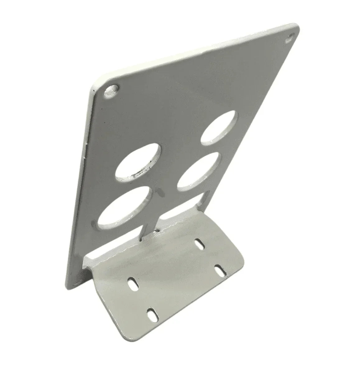 Sturdy metal 12V accessory mounting bracket with circular cutouts, ideal for vehicle upgrades.