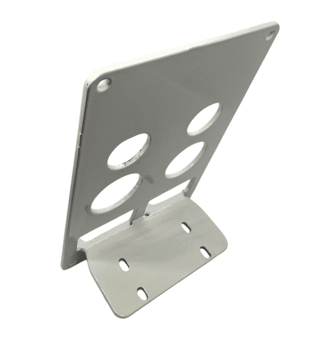 Sturdy metal 12V accessory mounting bracket with circular cutouts, ideal for vehicle upgrades.