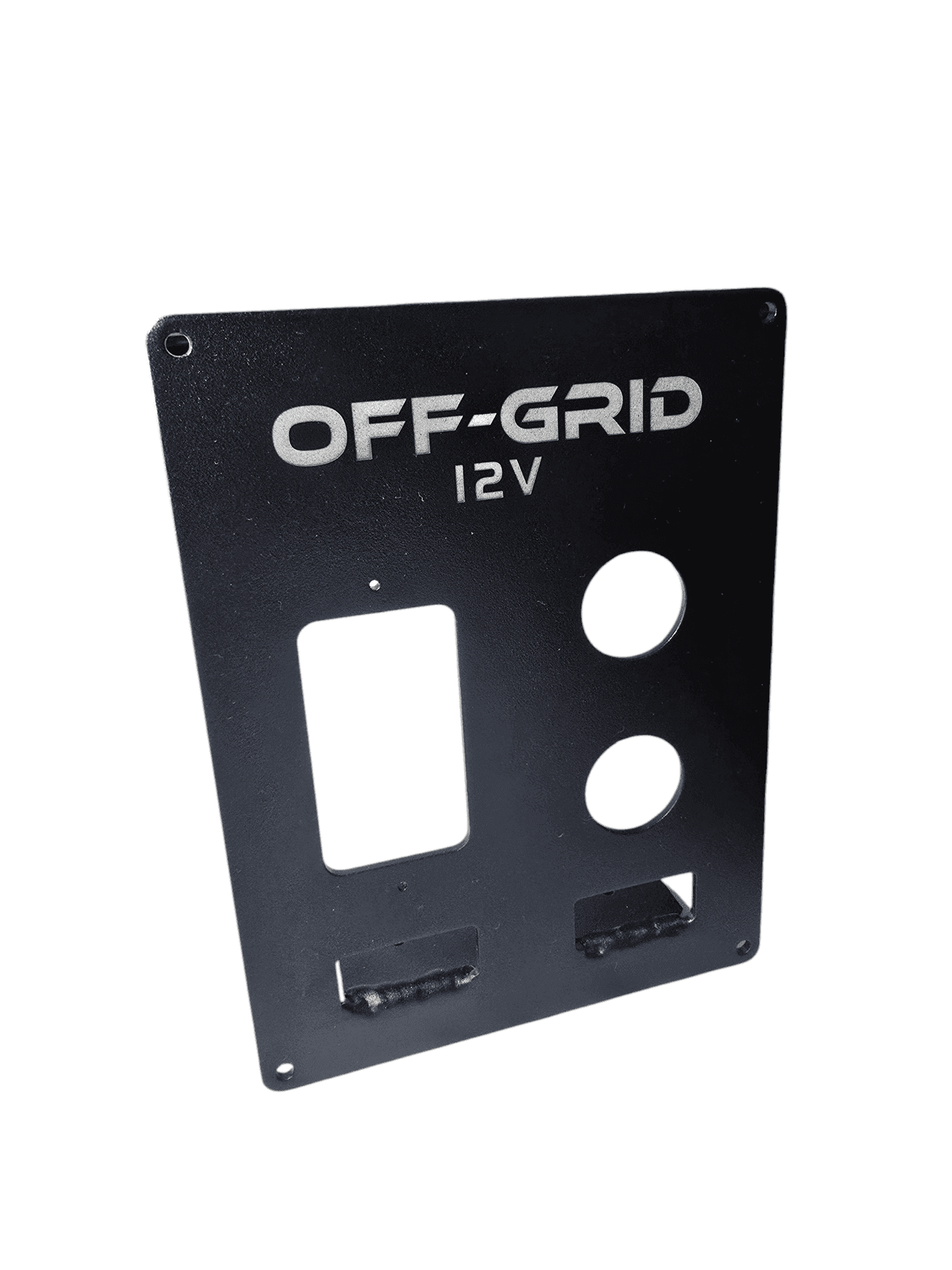 Black Off-Grid 12V accessory mounting panel with cutouts for vehicle customization