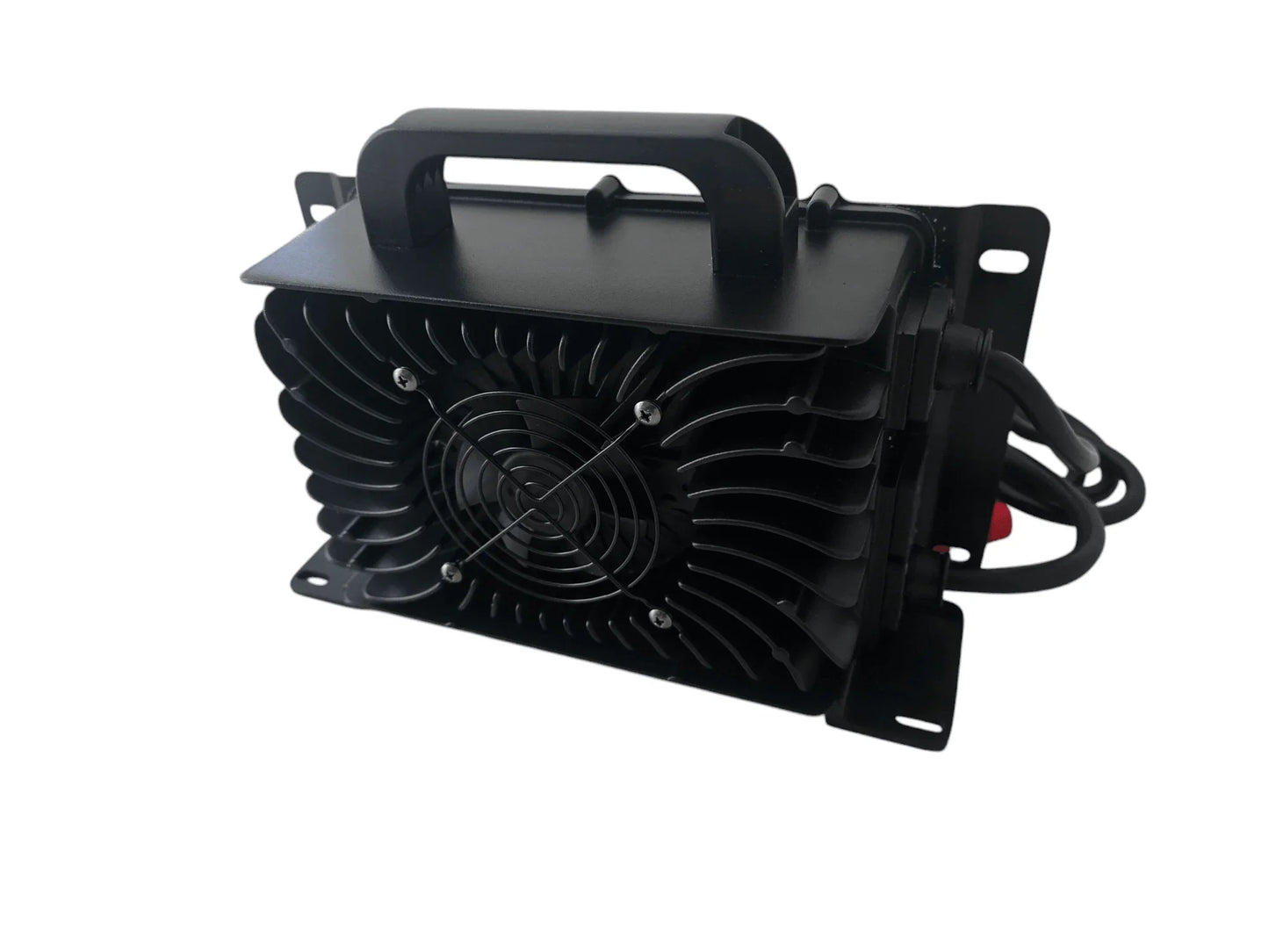 Heavy-duty 12V off-grid vehicle accessory with cooling fan, black housing, and carry handle