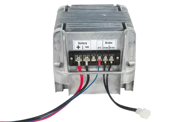 12V off-grid battery control module with labeled terminals and multiple wires connected