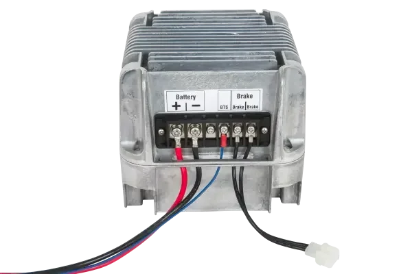 12V off-grid battery and brake accessory with labeled terminals, heavy-duty metal casing