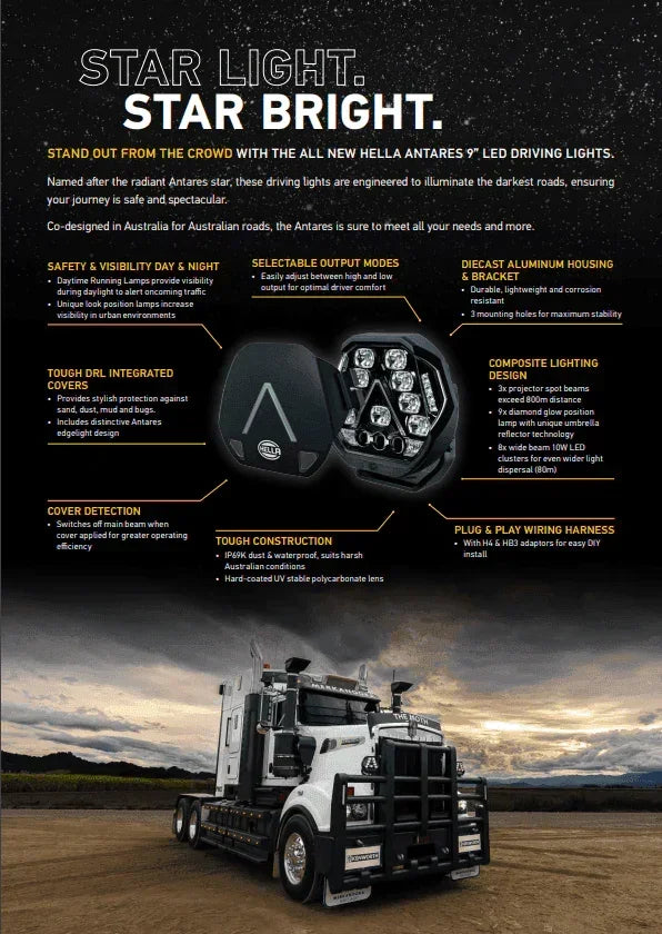 Large white truck with HELLA Antares 9” LED driving lights and feature highlights, in scenic landscape