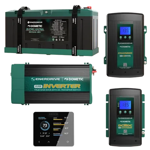 Enerdrive 12V battery system with inverter, charger, and control panel for vehicles