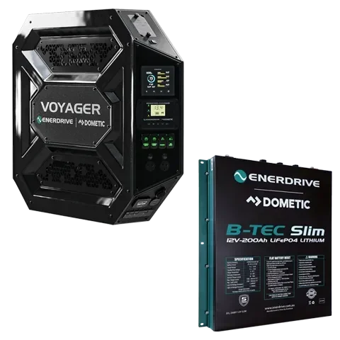 Enerdrive Voyager 12V vehicle power system and B-TEC Slim lithium battery, premium off-grid accessory.