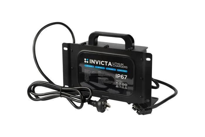 Invicta 12V lithium battery charger with handle and attached cables, ideal for off-grid vehicle use