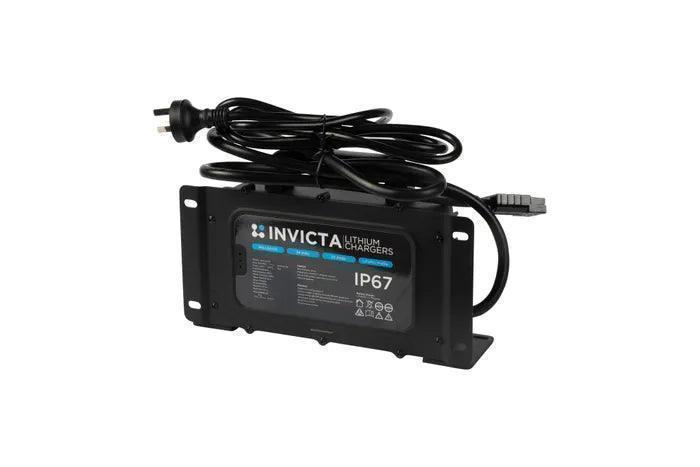 Invicta IP67 lithium battery charger with attached cables for 12V off-grid vehicle use