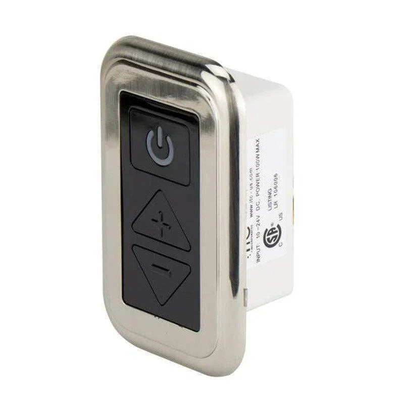 Backlit LED 12V digital dimmer switch with metallic trim and power controls, ideal for vehicles