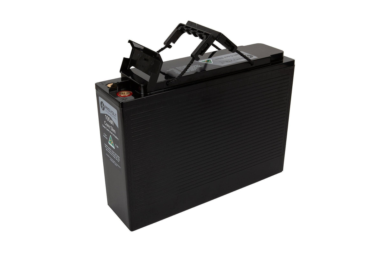 12V slim battery with Provolt label, black case, and portable handle for off-grid vehicle use