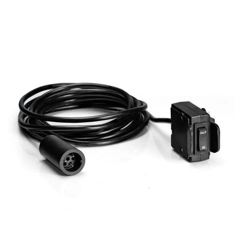 12V vehicle accessory switch with long black cable and OUT/IN toggle for off-grid setup