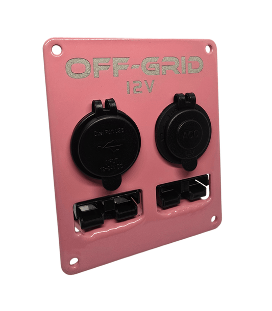 Off-Grid 12V pink dual accessory panel with two black sockets for vehicle power