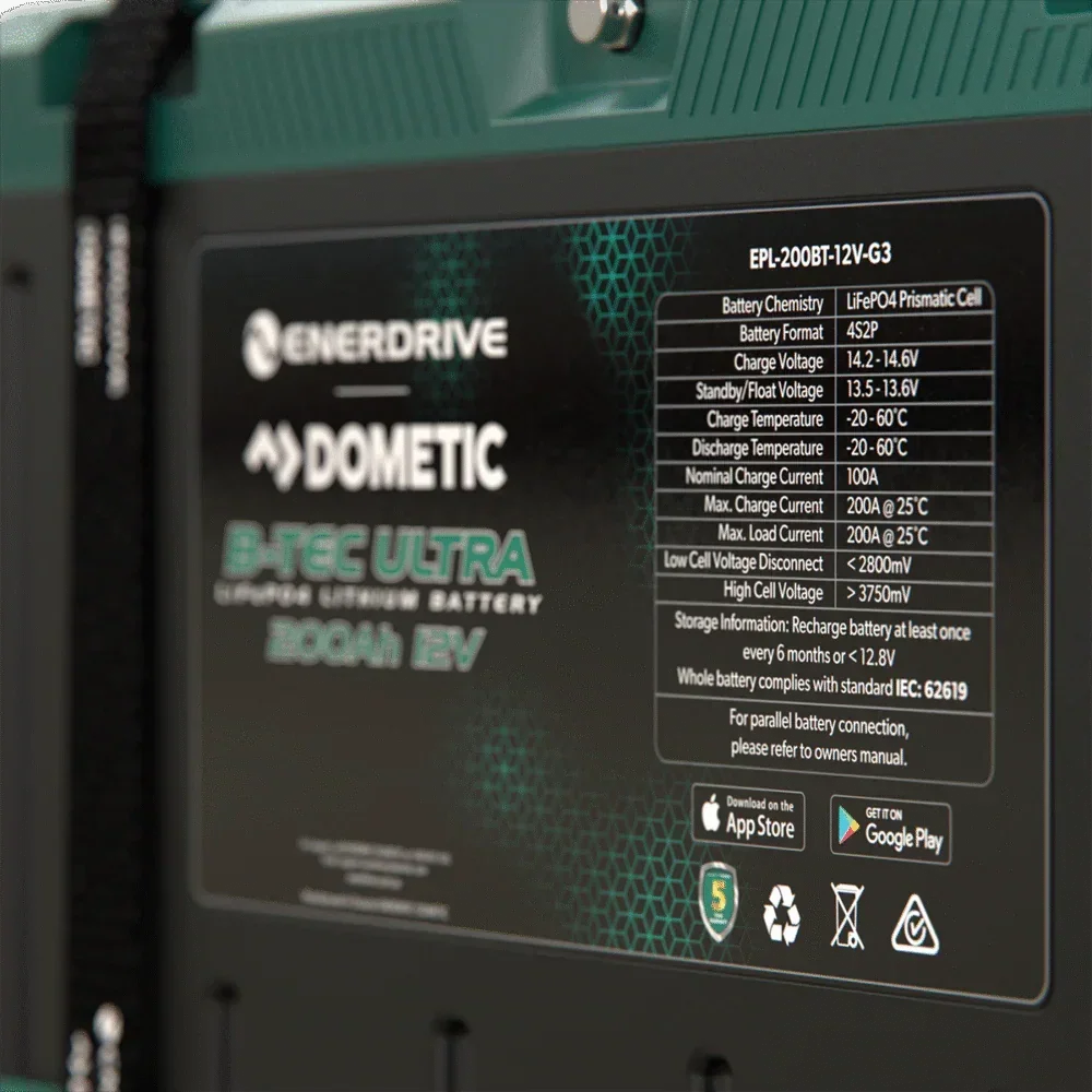 Enerdrive Dometic B-TEC Ultra 12V 200Ah lithium battery close-up with technical specs label
