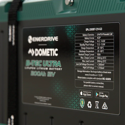 Enerdrive Dometic B-TEC Ultra 12V 200Ah lithium battery close-up with technical specs label