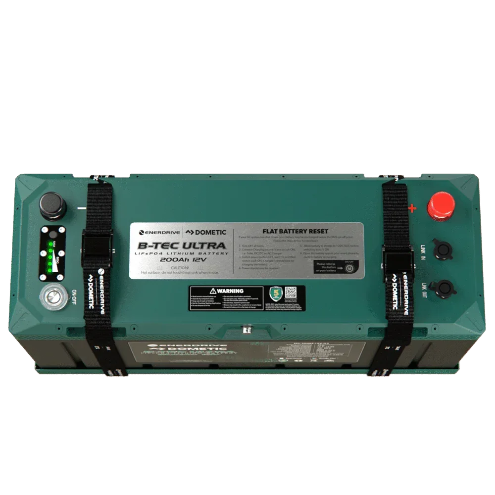 Enerdrive Dometic B-TEC Ultra 12V 200Ah LiFePO4 lithium battery with straps and control panel