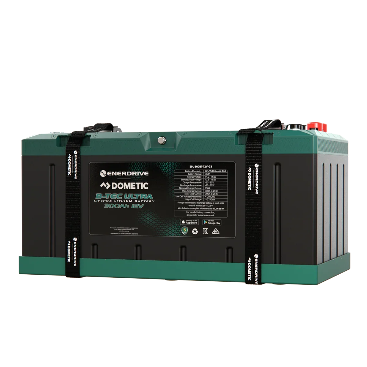 Enerdrive Dometic B-TEC Ultra 12V lithium battery with detailed label and black-green casing