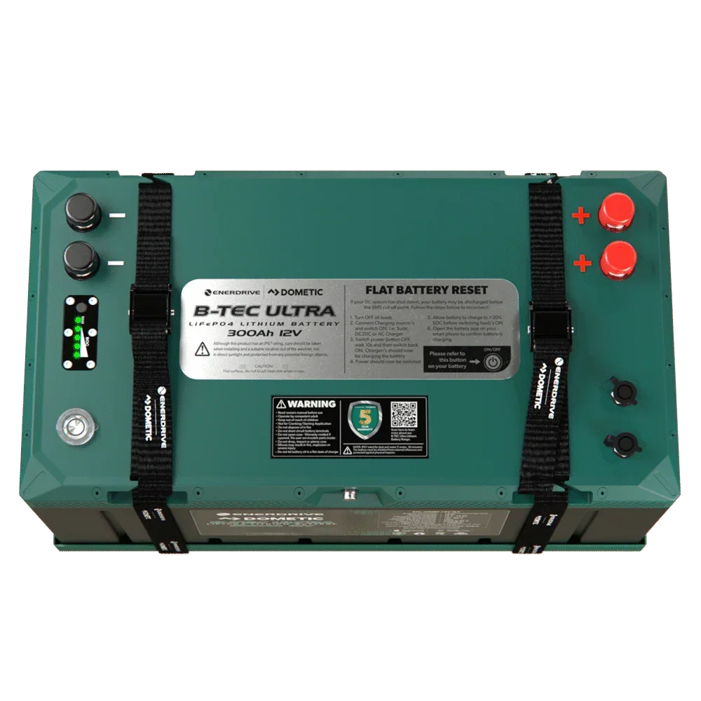Enerdrive Dometic B-Tec Ultra 12V 300Ah lithium battery with straps and reset panel