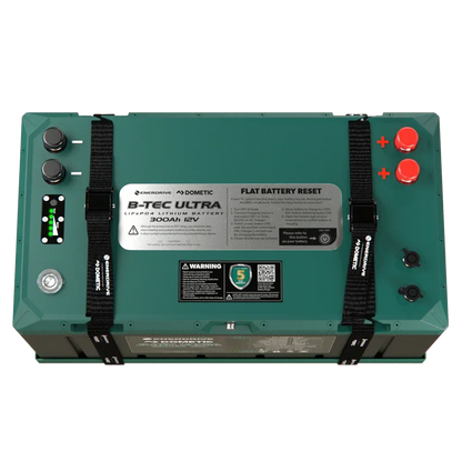 Enerdrive Dometic B-Tec Ultra 12V 300Ah lithium battery with straps and reset panel