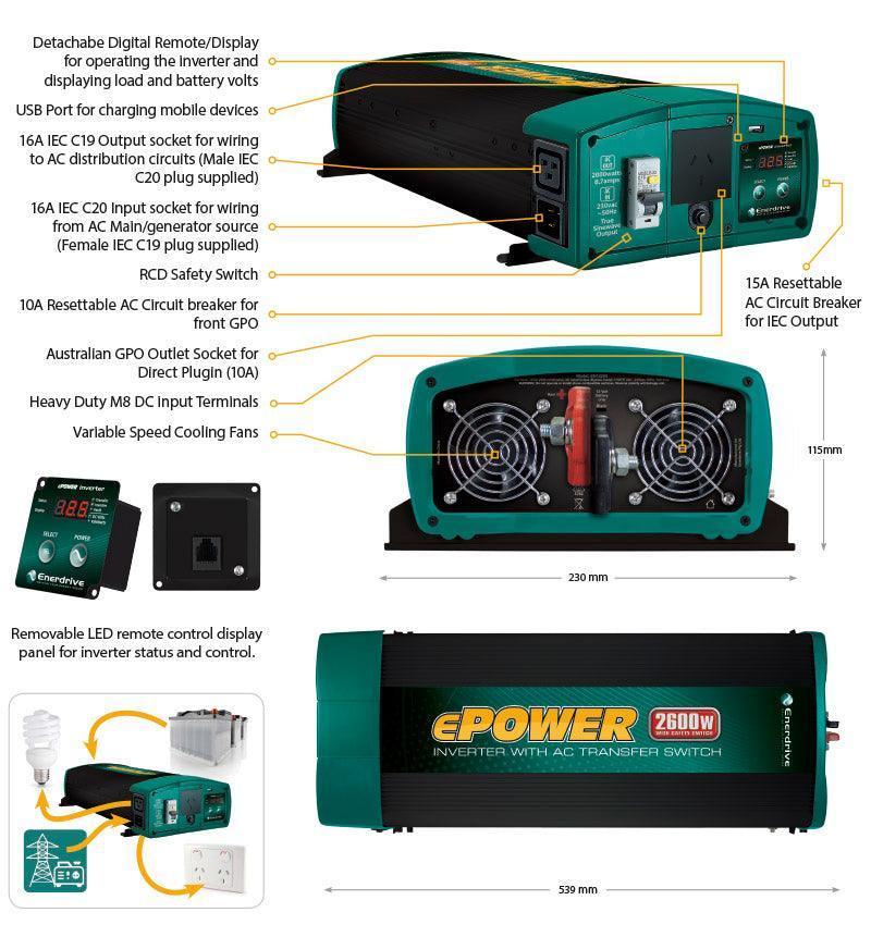 ePOWER Pure Sine Wave 2000w/24v w/RCD & AC Tfer Switch