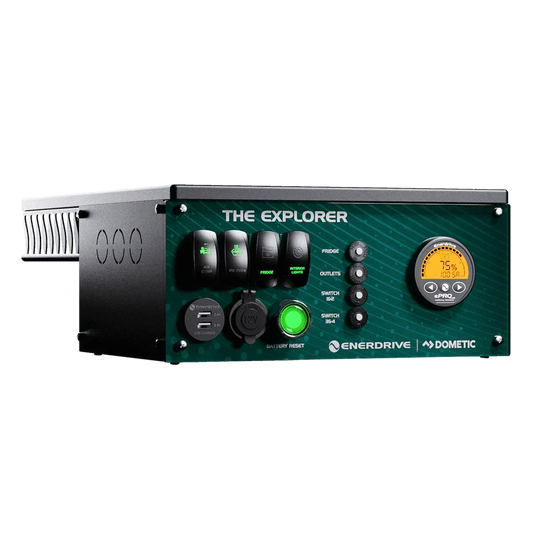 Off-Grid 12v Enerdrive Dometic Explorer power control panel with green faceplate and battery digital display