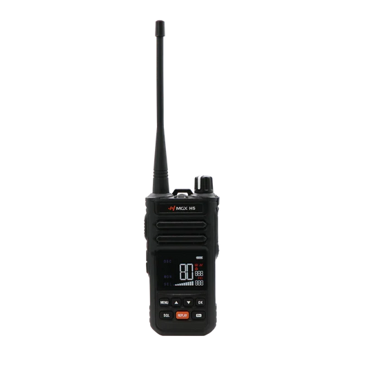 MCX H5 handheld 12V two-way radio with digital display, antenna, and control buttons