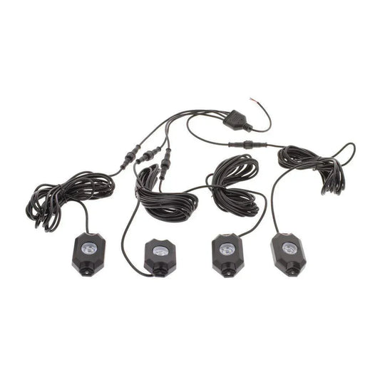 Off-Grid 12V LED rock light kit with four black pods and wiring on white background
