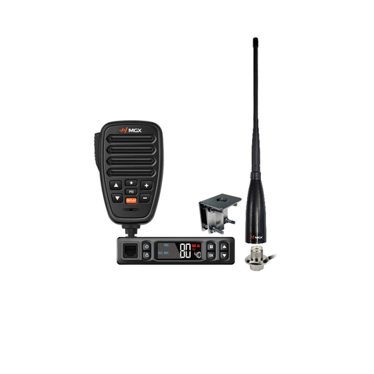 MGX 12V UHF radio kit with microphone, digital display unit, antenna, and mounting bracket