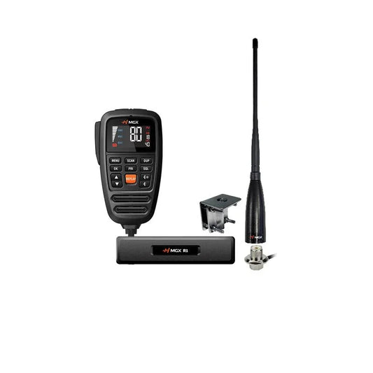 Premium 12V vehicle radio kit with handheld mic, antenna, and mounting bracket