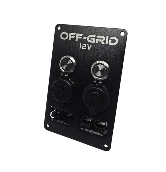 Off-Grid 12V black accessory panel with dual sockets and USB ports for vehicles
