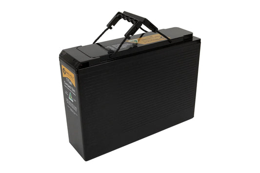 Slim black 12V lithium battery with handle, ideal for off-grid vehicle power solutions