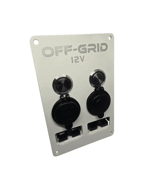 Off-Grid 12V dual socket vehicle accessory panel with USB ports, silver plate