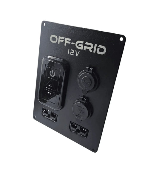 Off-Grid 12V vehicle accessory switch panel with power ports and USB chargers