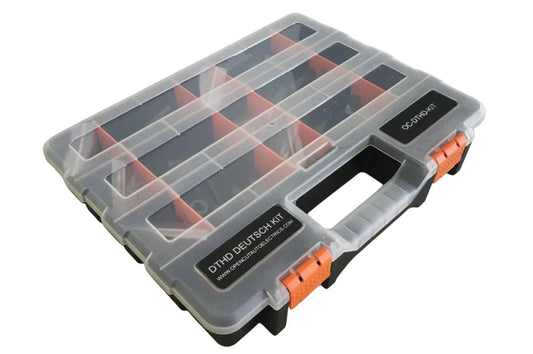 DTHD Deutsch 12V accessory kit in a clear plastic storage case with orange latches, ideal for vehicles