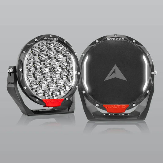 Pair of Rogue 8.5 LED 12V vehicle spotlights with black housing and AltIQ branding