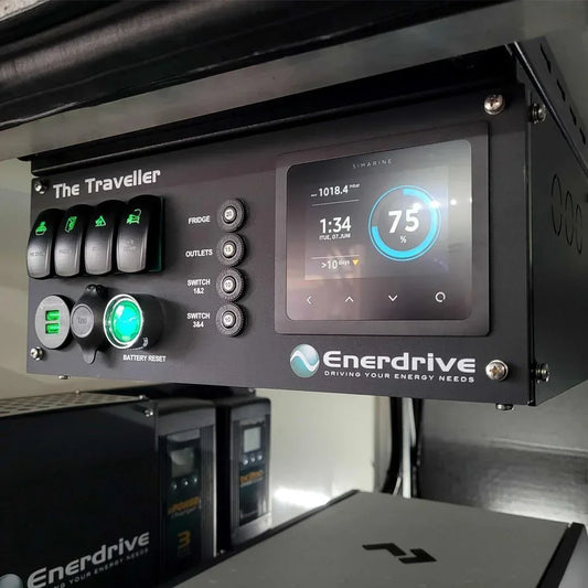 Enerdrive Traveller 12V control panel for off-grid vehicle power management, showing battery status display and switches.