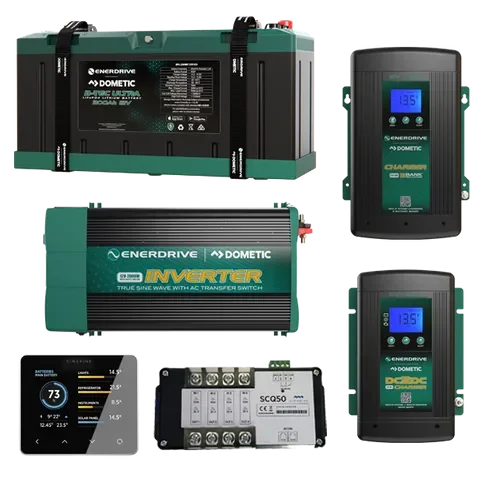Enerdrive Dometic 12V battery, inverter, and controllers for off-grid vehicle power system