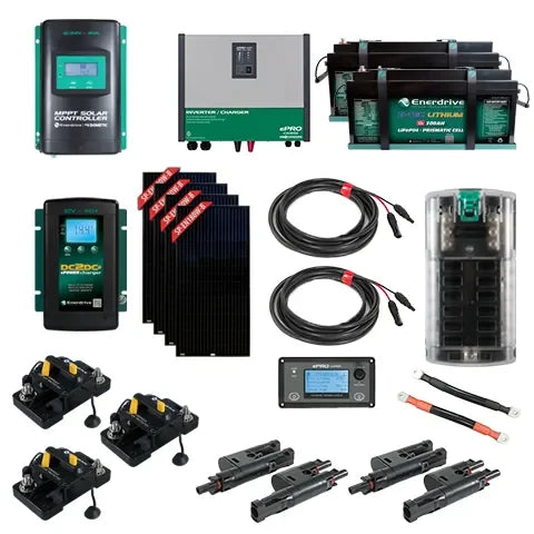 Off-grid 12V solar kit with batteries, solar controller, inverter, cables, and connectors