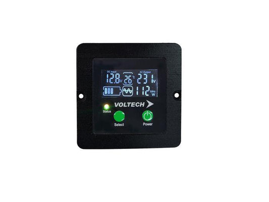 Voltech 12V digital display control panel with status and power buttons for off-grid vehicles